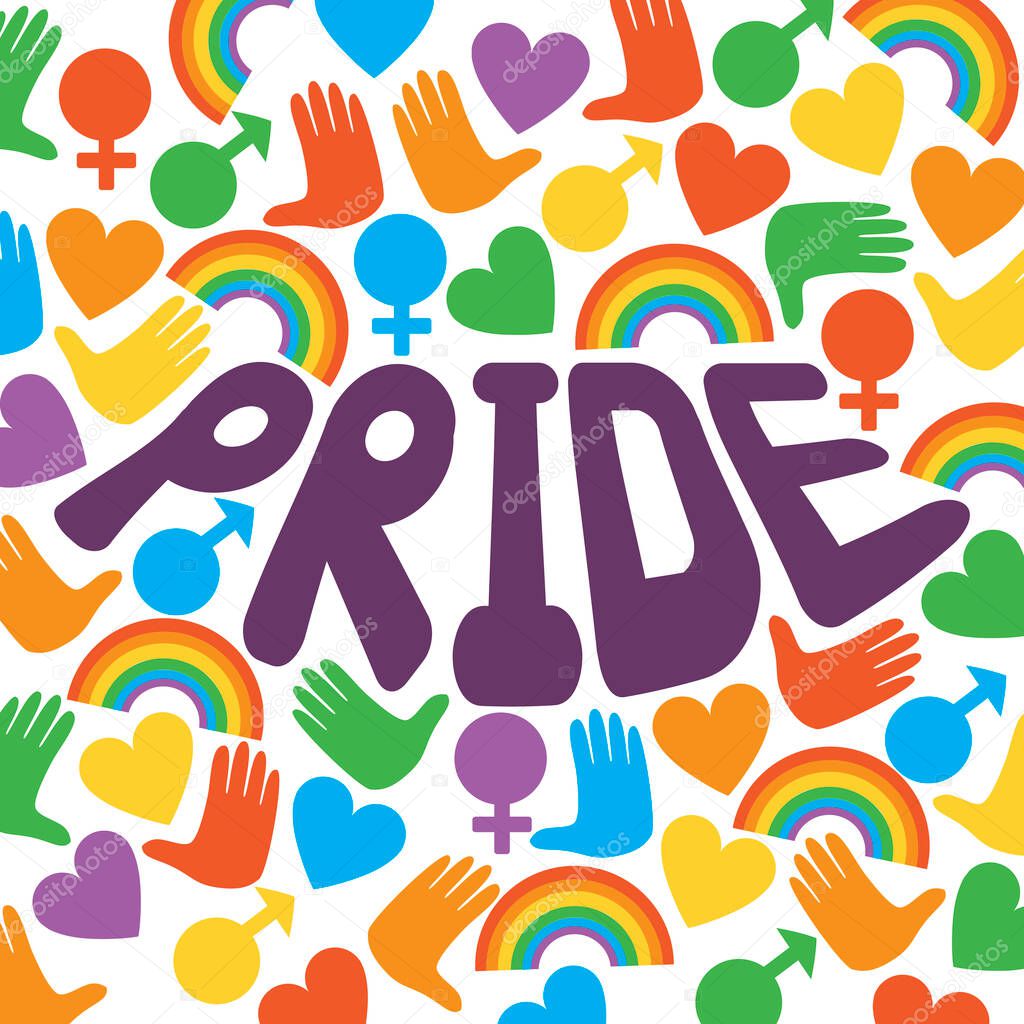 Lettering or Text Pride rainbow, palm, heart as a concept of homosexuality, pride, love, tolerance, sexual orientation. Flat vector stock illustration as square card with word Pride