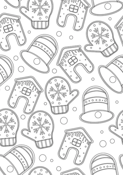 Seamless Pattern Coloring Page Random Christmas Houses Winter Mittens Holiday — Stock Vector