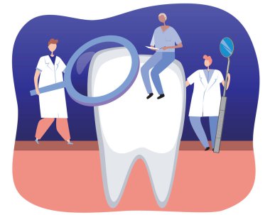 Büyük dişçiler, küçük dişçiler, doktorlar, diş tedavisi konsepti olarak diş hekimleri, muayene, bakımı, diş bakımı, diş bakımı. Ortodolojik klinik için düz vektör stok illüstrasyonu