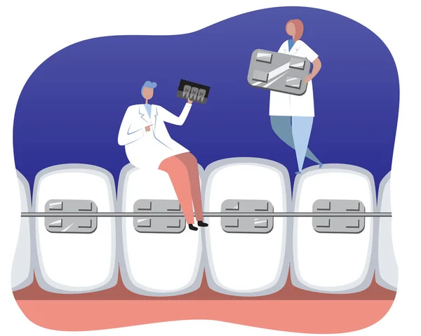 Dents Avec Appareil Dentaire Orthodontiste Médecins Sur Fond Bleu Illustration — Image vectorielle