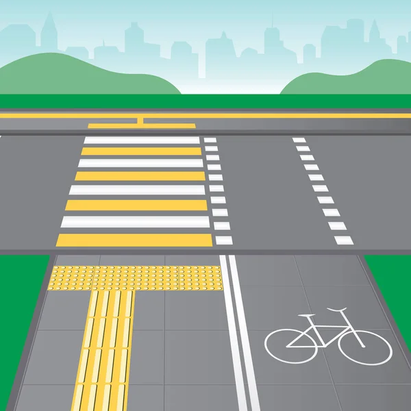 Asfalt kiremitler, bisiklet yolu ve yol geçişi engelliler için erişilebilirlik kavramını kapsıyor. Körler için sarı dokunsal karolarla düz vektör stoku çizimi