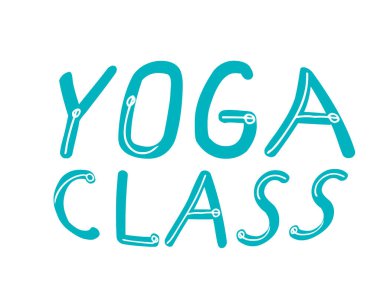 Tasarım için beyaz arkaplan üzerine izole edilmiş metin yoga sınıfı mektupları, yoga sınıfı için harflerle veya kelimelerle sembolik vektör stok illüstrasyonu, yoga stüdyosu, yoga merkezi