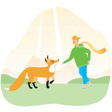 Little prince with a friend fox as a concept of friendship, loyalty, domestication. Flat vector stock illustration with modern little prince and pet as an illustration to the book clipart