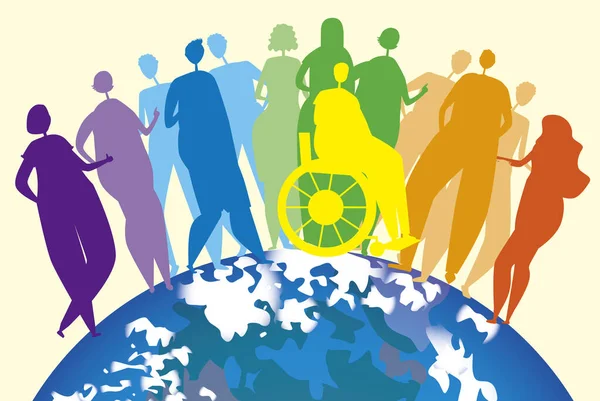 İnsanların, erkeklerin, kadınların siluetleri, lgbtq toplumunun dahil edilmesine son vermek için tekerlekli sandalyedeki engelli insanlar, homoseksüellerle ve dünya gezegeniyle vektör stoku çizimleri