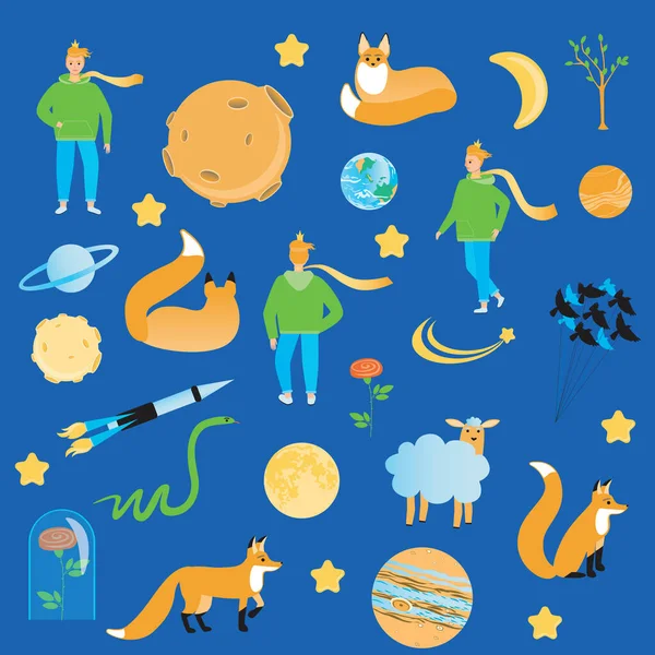 Soyutlanmış küçük prens. Bir dizi illüstrasyon. Karakter küçük prens, tilki, gül, gezegen, yıldızlar, uzay. Düz vektör stok illüstrasyonu ayarlandı. Arkadaşlık, aşk, sihir kavramı.