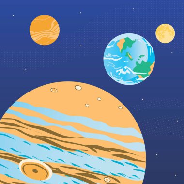 Güneş sistemi gezegenleri, Samanyolu, yıldızlar. Gezegenli vektör stok çizimi. Güneş sistemi kavramı, galaksideki gezegenler. Jüpiter, Dünya, okçuluk, Mars, Venüs galakside. Gezegen çizimi