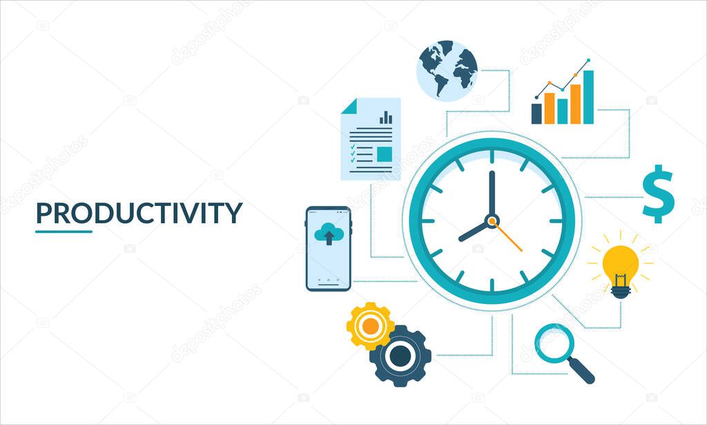 Productivity Concept. Tools for Increasing Business Profit and Finance Success.Vector Productive Illustration with icons for search, bulb/idea, dollar, bar graph, statistics, globe, document, mobile