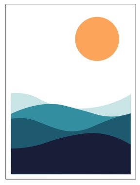 Kumullu gün batımı manzarası, manzara kartpostalı, göl batımı. Soyut manzara, Minimalist tarzında. Vektör İllüstrasyonu. 