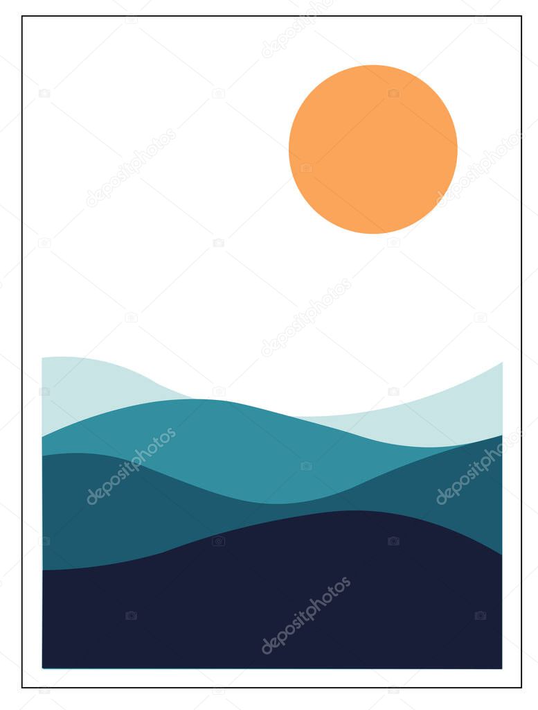 Sunset landscape with dunes, scenery postcard, lake sunset. Abstract landscape, Minimalist Style.  Vector Illustration. 