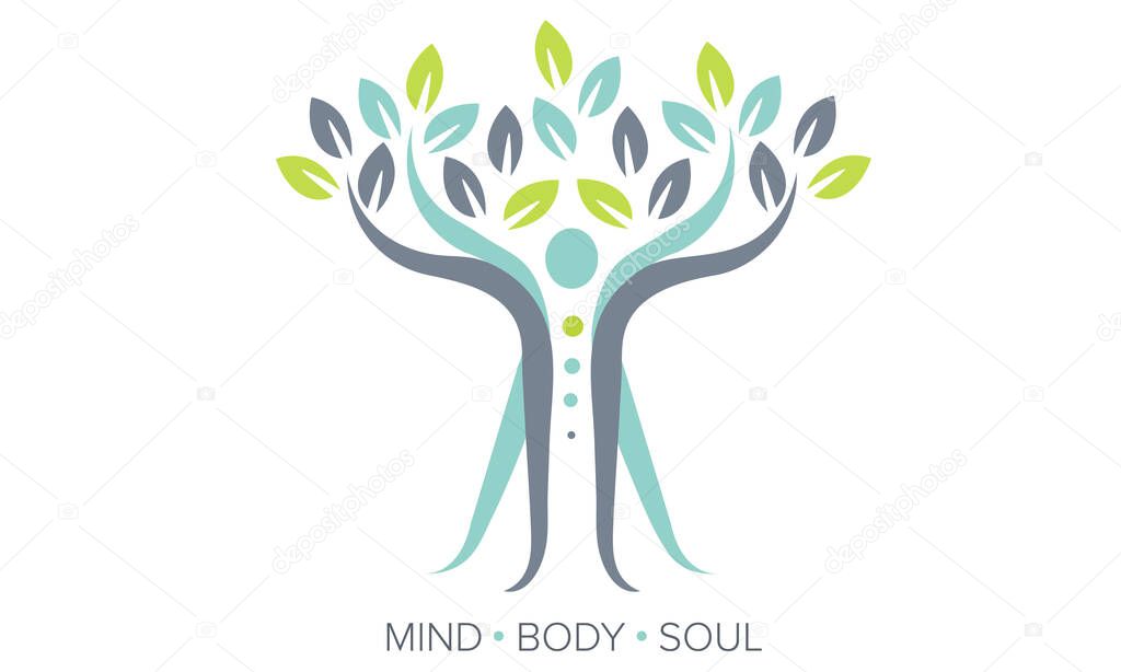 Balance concept. Mind, Body, Soul. Vector Illustration showing spiritual human body / abstract tree. Can be used to show balance, chakra, stability, therapy, happiness, mindfulness, spirituality, soul, body.