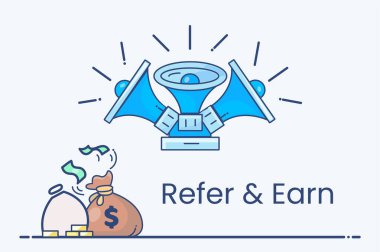Refer and Earn, Refer a friend or Referral marketing concept. Suitable for the web landing page, UI, mobile app, banner template, affiliate marketing, online business. Invite friends, earn prizes. Vector Illustration. clipart