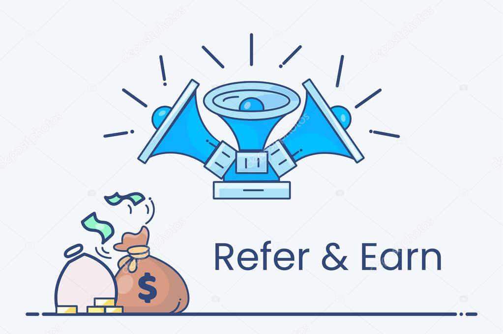 Refer and Earn, Refer a friend or Referral marketing concept. Suitable for the web landing page, UI, mobile app, banner template, affiliate marketing, online business. Invite friends, earn prizes. Vector Illustration.