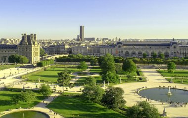 Paris / Fransa - 4 Temmuz 2019: Jardin des Tuileries - Tuileries bahçe, park. Havadan görünüm.