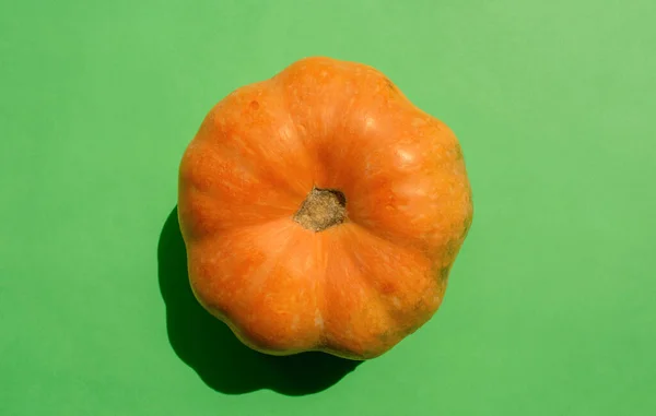Čerstvě oranžová dýně izolované na zeleném pozadí. Horní pohled. Syrová mini dýně. — Stock fotografie