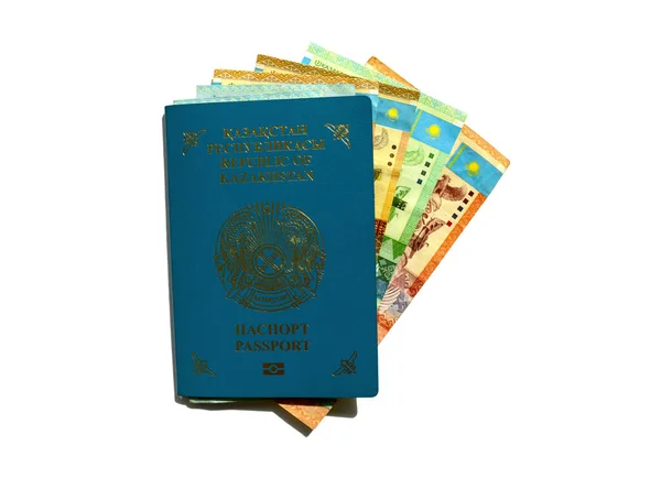 Kazakistan Passaporto Con Moneta Nazionale Tenge Isolato Sfondo Bianco Passaporto — Foto Stock