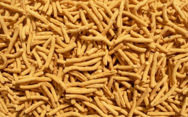 Ratlami Sev geçmişi. Popüler Gujarati atıştırmalığı. Ratlami Masala Sev. Üst Manzara. Hint sokak atıştırması.
