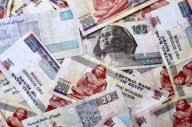 Mısır Ulusal Para Birimi. Para banknotları. Mısır banknotlarının arka planı. EGP. Üst görünüm
