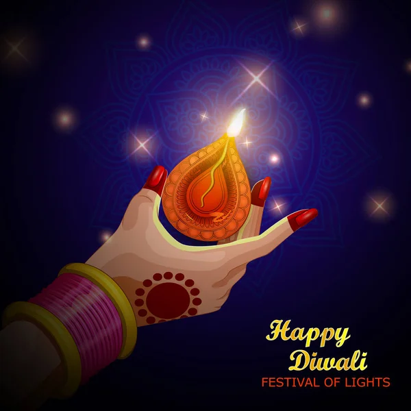 Illustratie Van Dame Brandende Diya Houden Diwali Holiday Achtergrond — Stockfoto