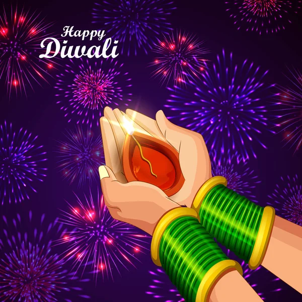 Illustratie Van Dame Brandende Diya Houden Diwali Holiday Achtergrond — Stockfoto