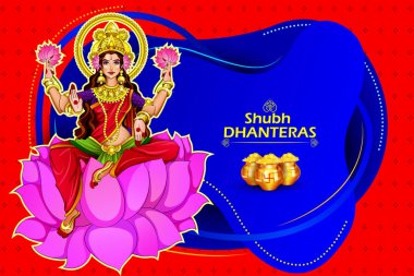 Hindistan 'ın Güzel Tanrıça Maa Laxmi' yle Dhanteras Festivali için İllüstrasyon, Poster veya Bayrak Tasarımı Dekorasyon Arkaplanda Parlak Altın Para Otu Al. Mutlu Diwali Bayramları.