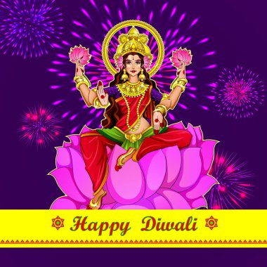Hindistan 'ın Güzel Tanrıça Maa Laxmi' yle Dhanteras Festivali için İllüstrasyon, Poster veya Bayrak Tasarımı Dekorasyon Arkaplanda Parlak Altın Para Otu Al. Mutlu Diwali Bayramları.