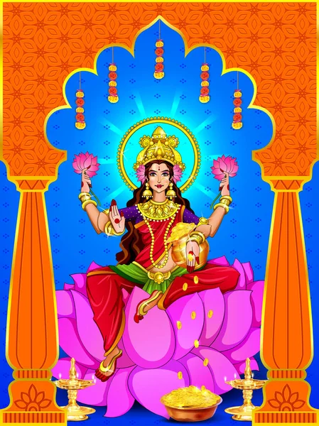 Illustration, Plakat oder Banner Design für indisches Fest der Dhanteras mit der schönen Göttin maa laxmi nehmen glänzende goldene Münzgefäße auf dekoriertem Hintergrund. Happy Diwali holliday of India — Stockfoto