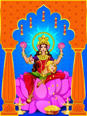 Hindistan 'ın Güzel Tanrıça Maa Laxmi' yle Dhanteras Festivali için İllüstrasyon, Poster veya Bayrak Tasarımı Dekorasyon Arkaplanda Parlak Altın Para Otu Al. Mutlu Diwali Bayramları.