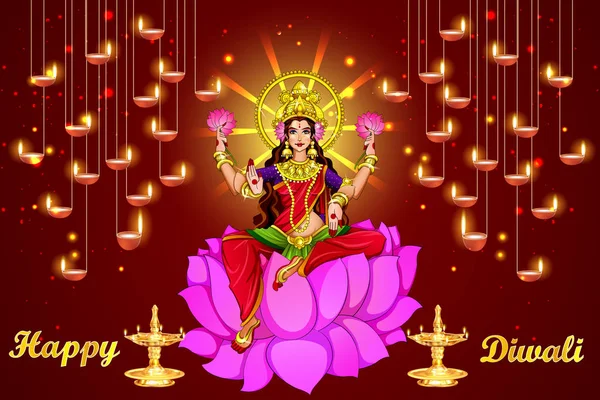印度Dhanteras节的插图、海报或横幅设计- -美丽的女神Maa Laxmi把Shiny Golden Coin Pot放在装饰好的背景上。 — 图库照片