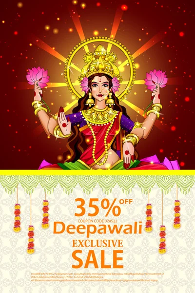 Illustration, Poster or Banner Design for Indian Festival Of Dhanteras with Beautiful Goddess Maa Laxmi Take Shiny Golden Coin Pot On Decorated Background.Happy Diwali Holliday Of India — стоковое фото