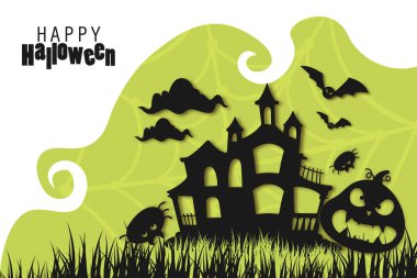 Mutlu Cadılar Bayramı kâğıdı kesimi Arka plan, Vektör İllüstrasyonu Cadılar Bayramı Kâğıdı Kesimi Tasarım.