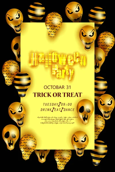 Halloween party poster with black and golden Scary air balloon. Halloween Ghost Balloons.