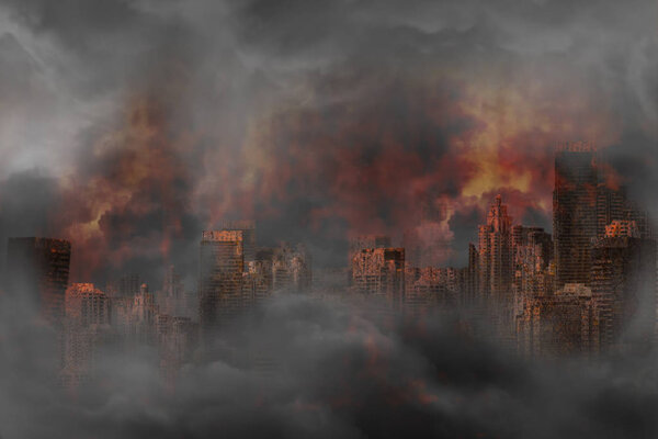 Заброшенный город и ржавое здание горели в огне, концепция войны
