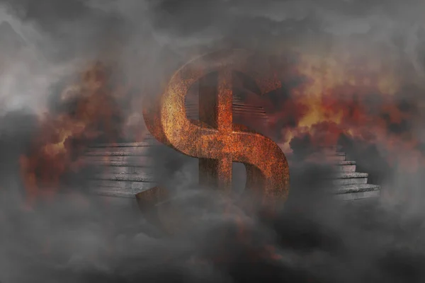 Rust dollar sign burned in a flaming fire with stairs from underground upward as background