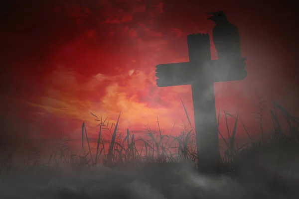 Scary background the black crow sits on cemetery cross in fog da — Stock Photo, Image