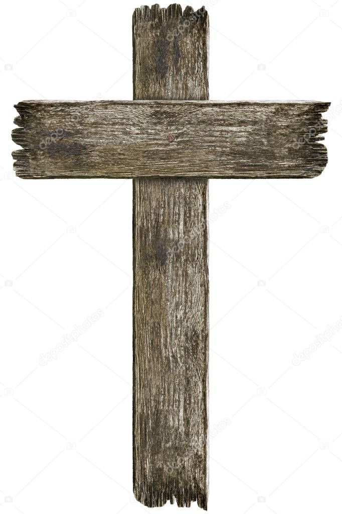 Scary old grunge wooden cemetery cross isolated on white backgro