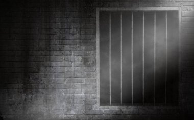 Light beam with smoke on prison window with rusty bars and old b clipart