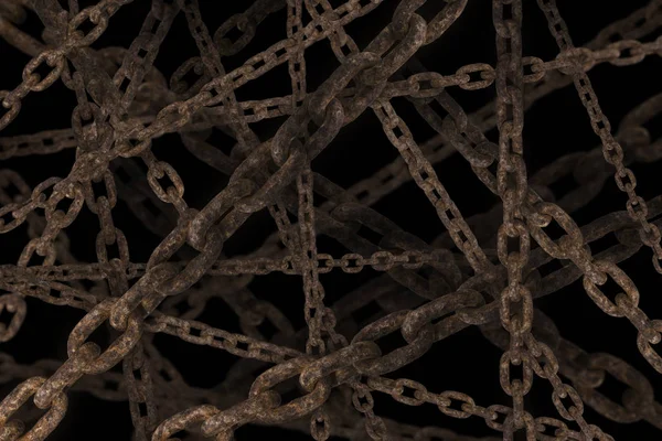 Rusty chains are stretched across each other in darkness and dim Royalty Free Stock Photos