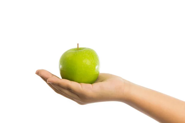 Woman Hand Green Apple Isolated White Background — Stock Photo, Image