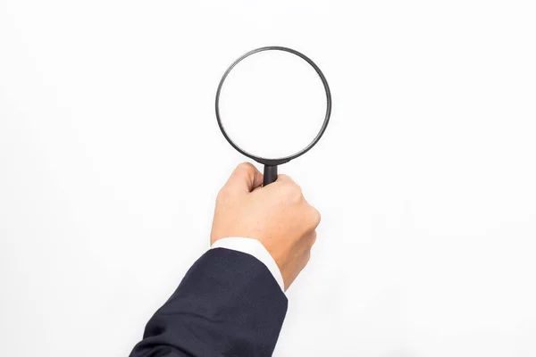 Business Man Hand Magnifying Glass Isolated White Background — Stock Photo, Image