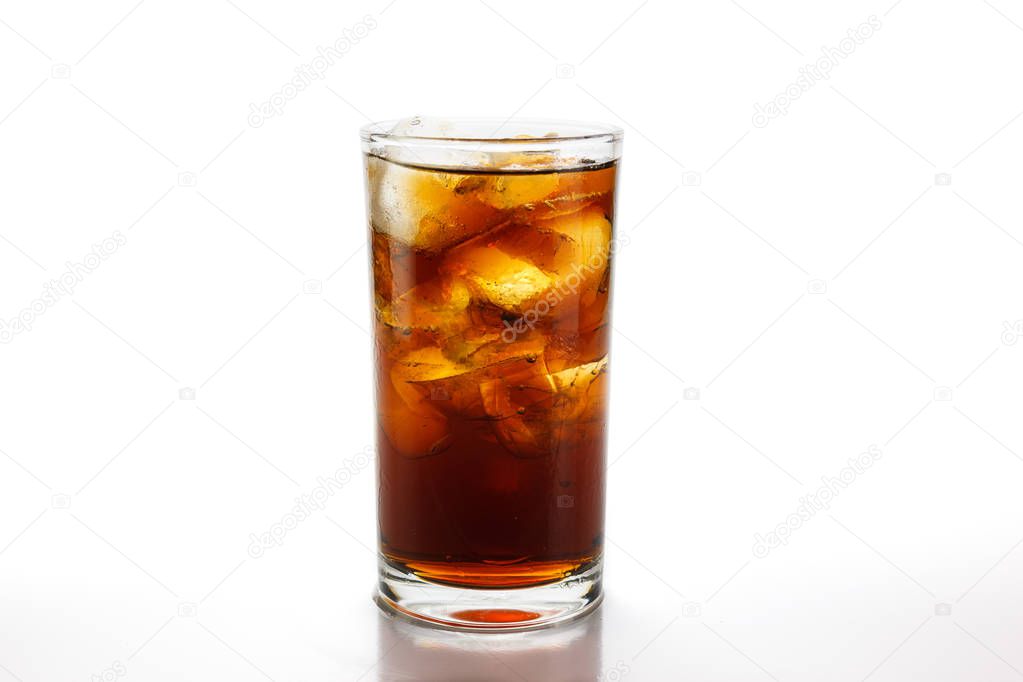Cola in glass with ice on white background with clipping path