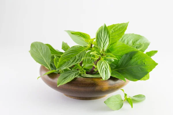 Basil leaves  in a wooden bowl — Stock Photo, Image