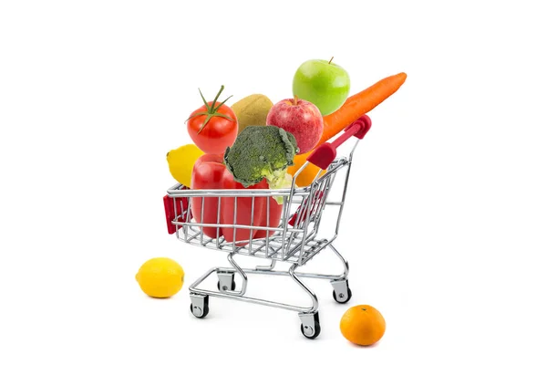 Carro Compras Con Frutas Verduras Sobre Fondo Blanco Aislado —  Fotos de Stock