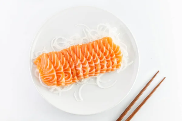 Salmão Sashimi Cru Prato Fundo Branco — Fotografia de Stock
