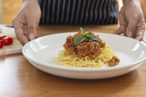 Homemade Spaghetti Bolognese On a wooden table — Stock Photo, Image