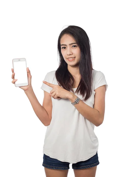 Jovem Segurando Telefone Isolado Fundo Branco — Fotografia de Stock