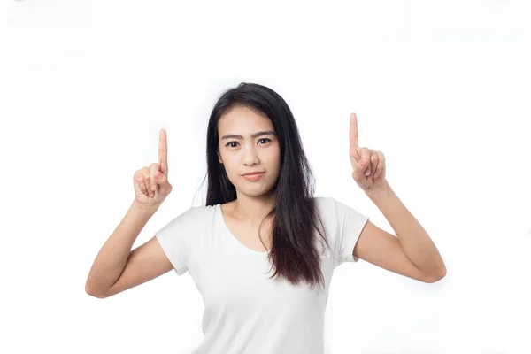 Aziatische Jonge Vrouw Wijst Ruimte Witte Achtergrond — Stockfoto