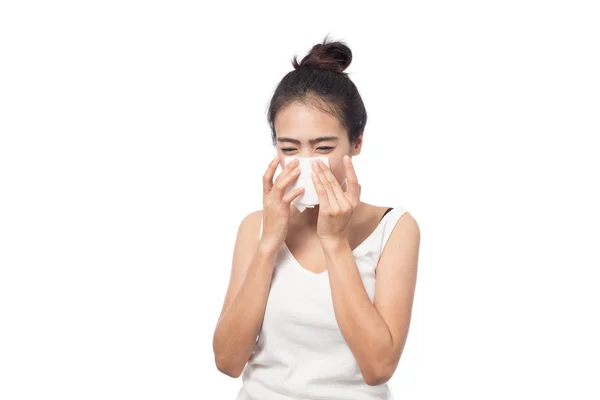 Fiatal Beteg Allergia Tüsszgő Szövet Izolált Fehér Alapon — Stock Fotó