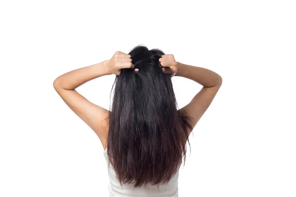 Vrouwen Jeuk Hoofdhuid Jeukende Zijn Haar Geïsoleerd Witte Achtergrond — Stockfoto