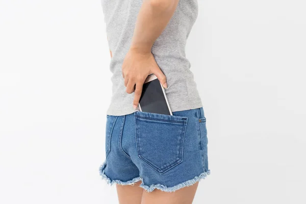 Women Pick Phone Back Pocket Jean White Background — Stock Photo, Image