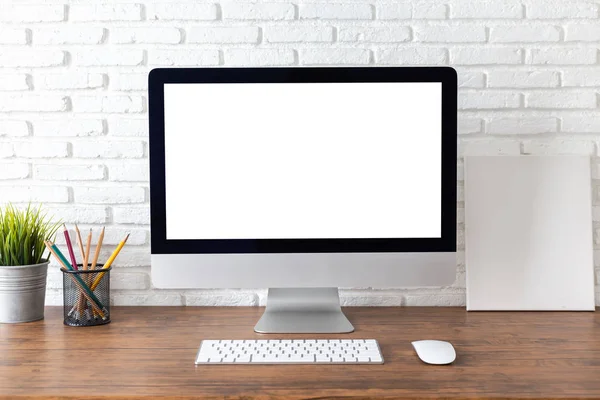Workspace Computer Blank White Screen Office Supplies Wooden Desk — Stock Photo, Image